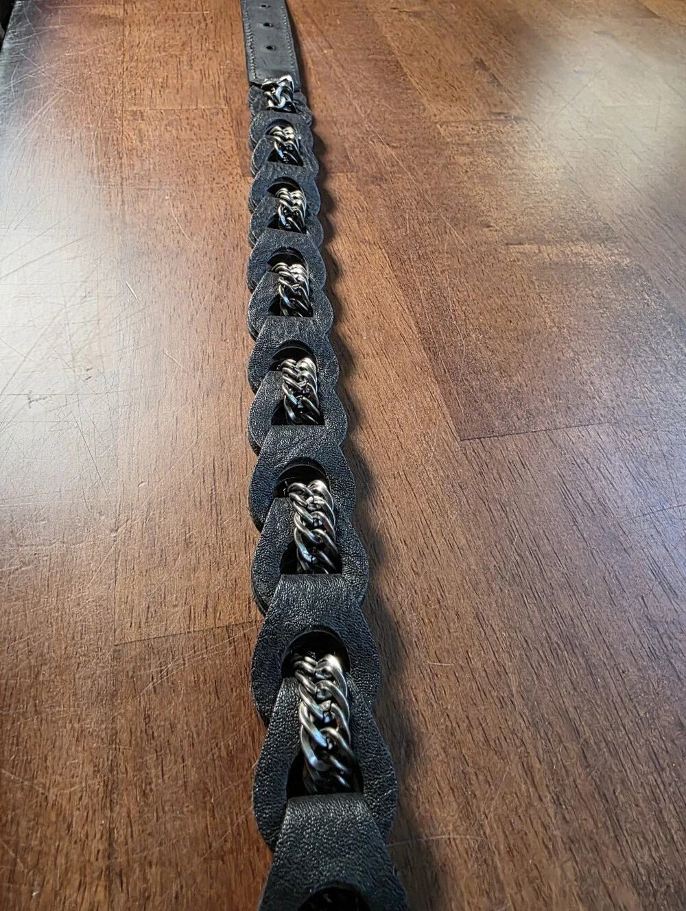 Black Braided Leather & Silver Chain Hybrid Statement Waist Belt